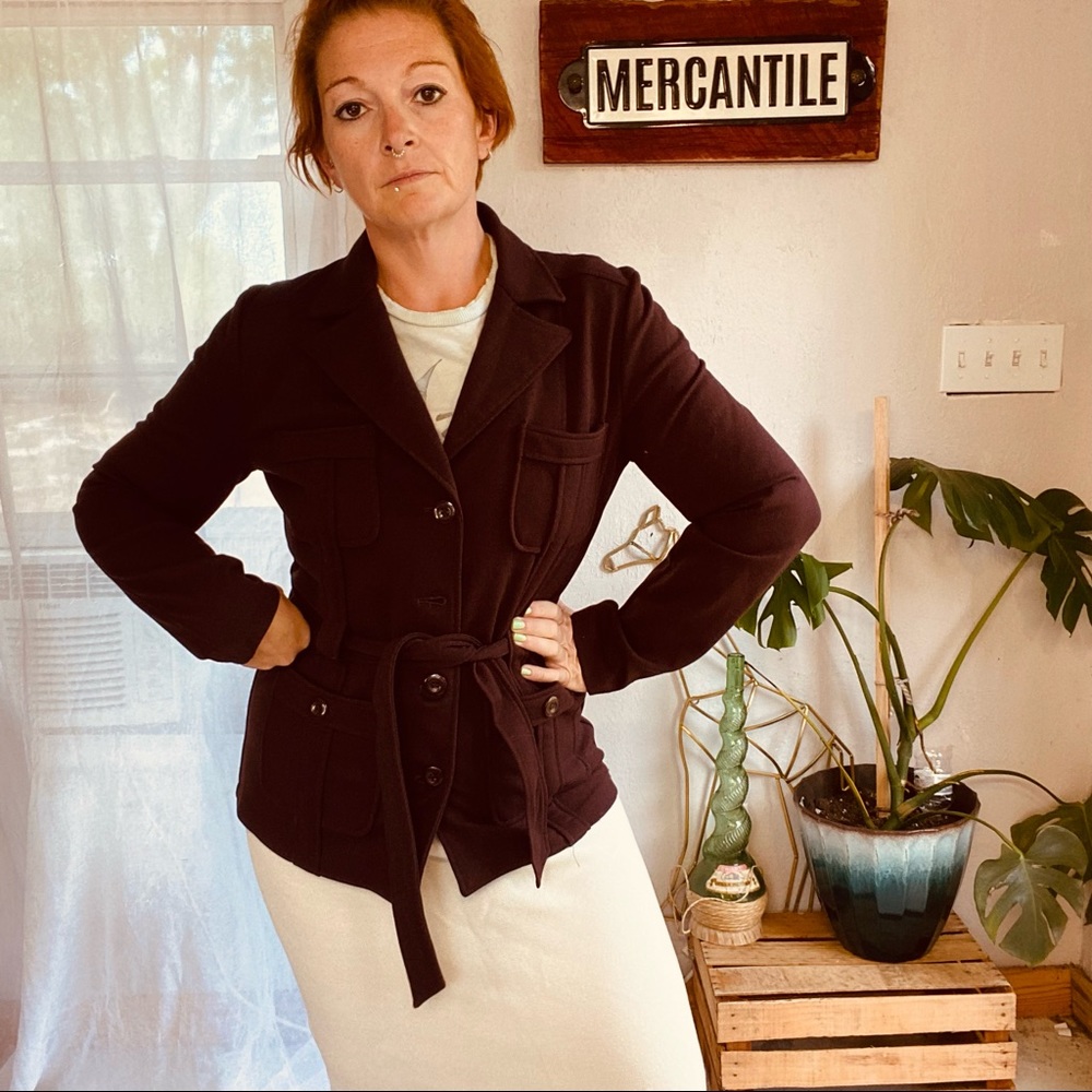 BCBGMAXAZRIA Retro Vibe Brown / Maroon Belted Jacket Size Large - Picture 2 of 16